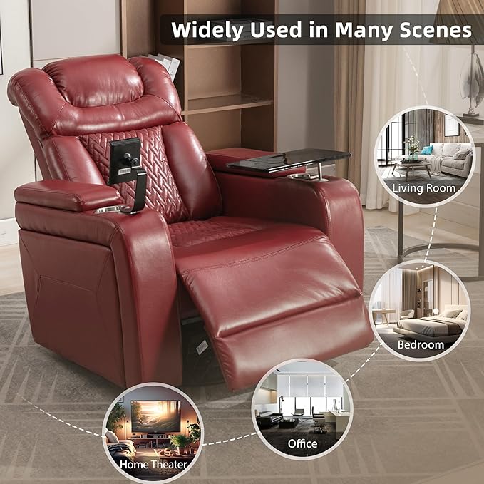 270 Degree Swivel PU Leather Power Recliner Individual Seat Home Theater Recliner with Comforable Backrest Tray Table Phone Holder Cup Holder USB Port Hidden Arm Storage for Living Room Red