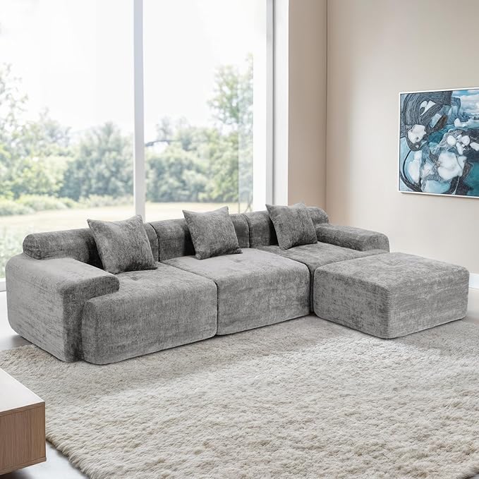 118 Cloud Sectional Couch for Living Room Boneless 4-Seater Lounge Couch with Deep Seat and Movable Ottoman Gray