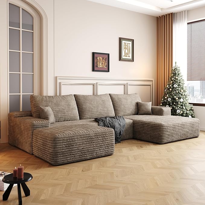 Ball &amp Cast 107 Cloud Sectional Couch with OttomanModern Upholstered Boneless Modular Sofa for Living Room BedroomDeep Seat Compression SofaNo Assembly Required Plush CorduroyRight FacingCam