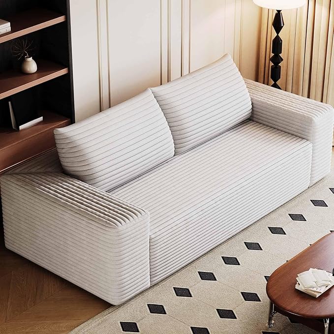 63 Corduroy Couch in a Box Cloud Loveseat Sofa with 2 Cushions Boneless Couches for Living Room Bedroom Small Space Compressed Deep Seat Memory Foam No Assembly (White 63)