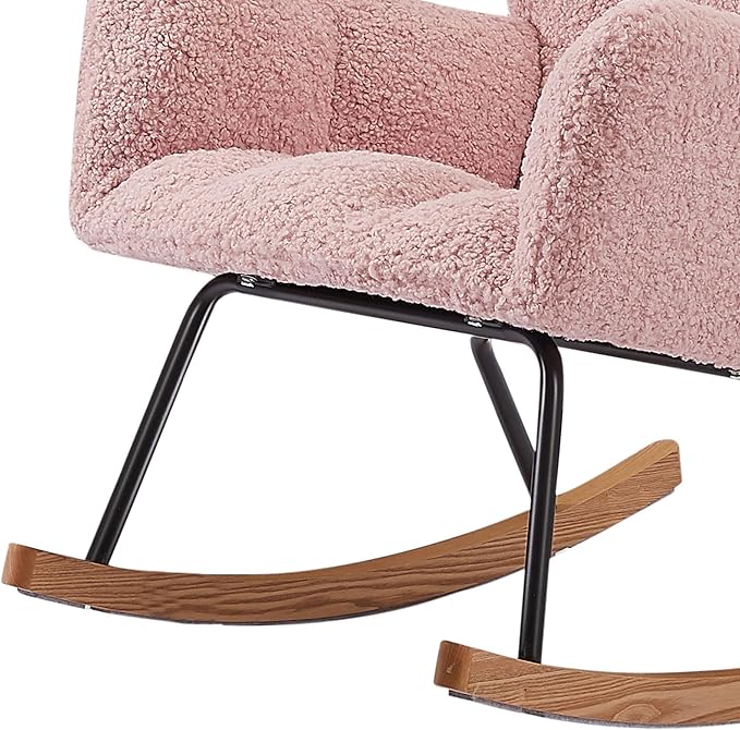 Modern Rocking Chair with High Backrest Armrests Ergonomic Design Lounge Recliner Chair for Living Room Bedroom Playroom Pink Without Soft Seat