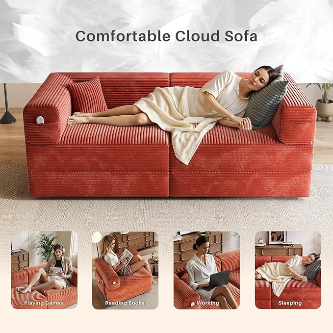 78 Compressed Convertible Sofa Bed Modular Corduroy Loveseat Sleeper with Fixed-Shape Frame Folding Mattress Couch with 2 Pillows for Living Room Bedroom Small Spaces No Assembly Needed Orange