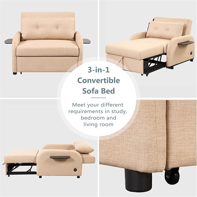 Merax 42.9W 3-in-1 Convertible Sofa Bed Sleeper with Wing Tables &amp USB ChargingCompact Pull Out Bed with 3 Positions(105°/145°/180°) Adjustable Backrest for Small Space Living RoomGuest ReadyB