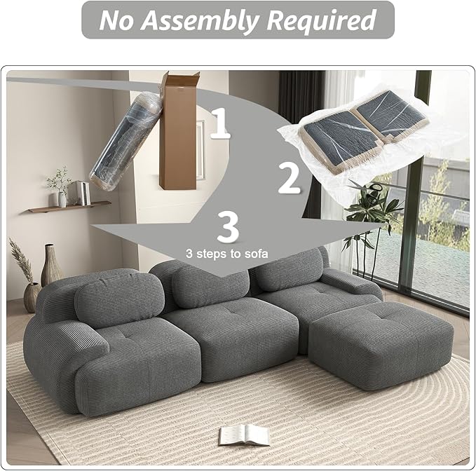 116 Modern Boneless Couches for Living Room Corduroy Cloud Couch Sectional Grey Modular Sectional Sofa 3 Seater with 1 Ottoman Sofas para Sala L Shape Sofas &amp Couches (Gray 3+1 Set)