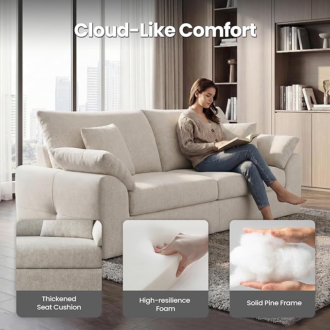 89.8 Modern Loveseat Sofa for Living Room Cloud Boneless Couches with 4 Pillows Mid Century Loveseat couches for Small Place No Assembly Required Beige