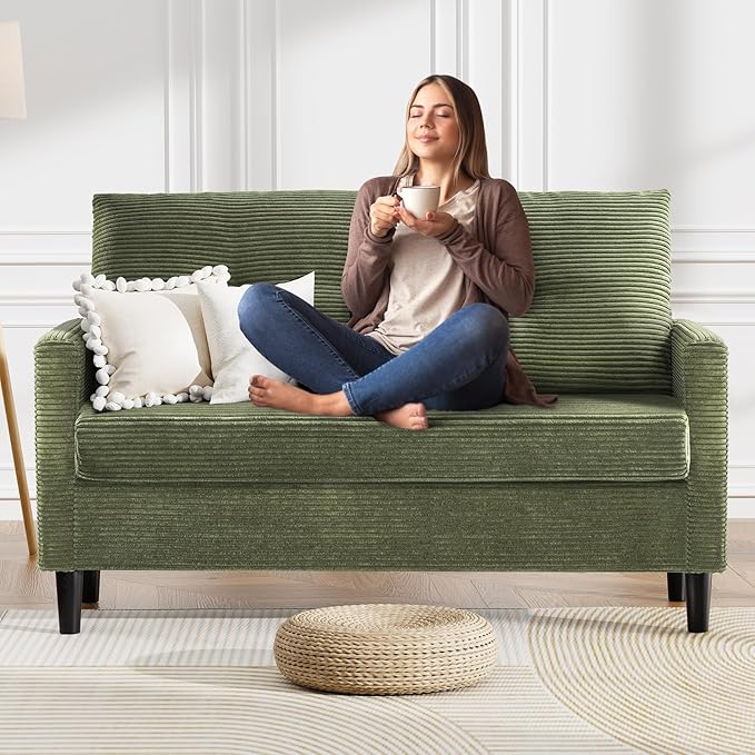 WEUP 50 Small Loveseat Sofa Small Couch for Living Room Bedroom Office Green Corduroy Comfy Love Seat with Spring Cushion Solid Wood Frame Tool-Free Assembly Green Corduroy