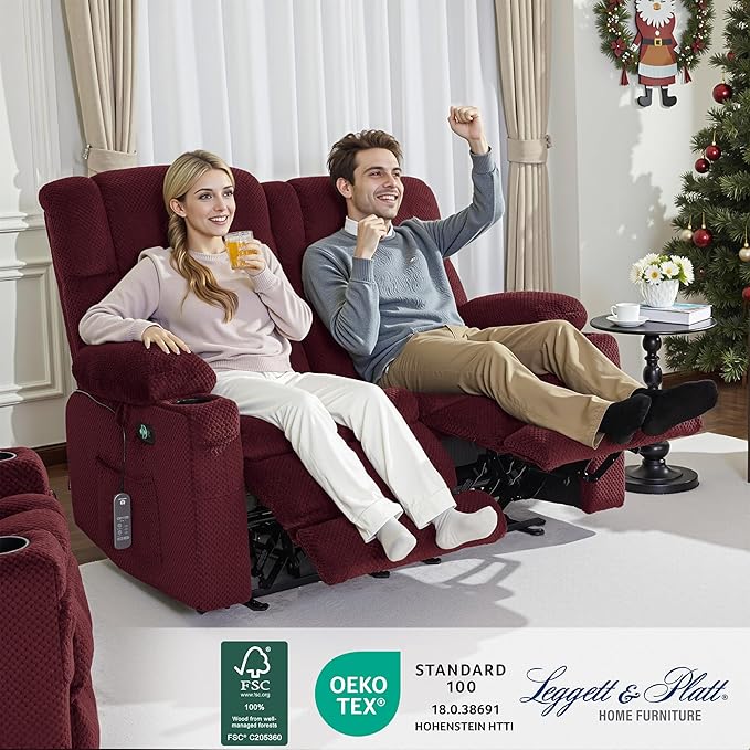 MCombo 57 Power Loveseat Recliner Electric Reclining Loveseat Sofa with Heat and Vibration Cupholders USB Charge Ports for Living Room 6314 (Burgundy Loveseat)