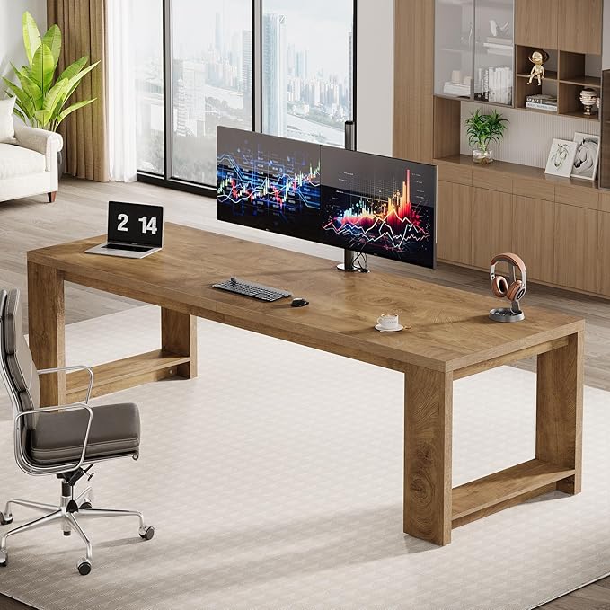 Tribesigns Two Person Desk 86.6 Inches Extra Long Desk Double Computer Writing Table Wood Large Desks Workstation for Home Office Natural Wood
