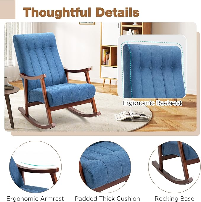 AVAWING Upholstered Rocking Chair with Fabric Padded Seat Comfortable Rocker Solid Wood for Living Room Modern High Back Armchair for Adult (Blue)