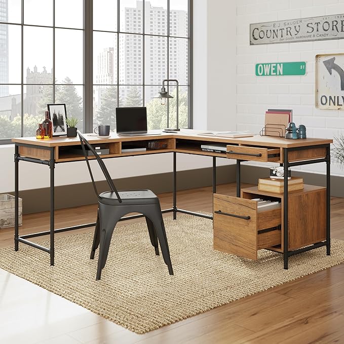 Sauder Iron City L Desk Checked Oak Finish