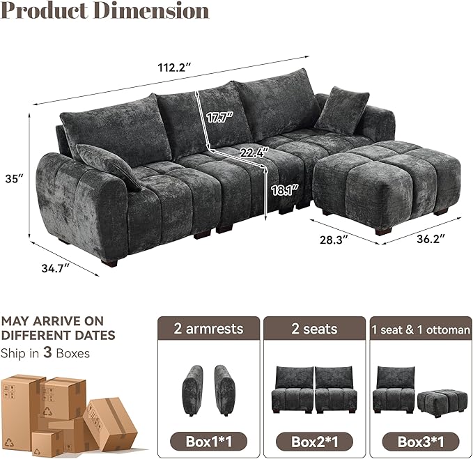 112 Mid Century Modern L Shaped Couch 3 Seater Modular Sectional Sofa with Movable Ottoman Deep Seat and Solid Wood Legs Cloud Couch for Living Room Chenille Tufted Sofa Grey