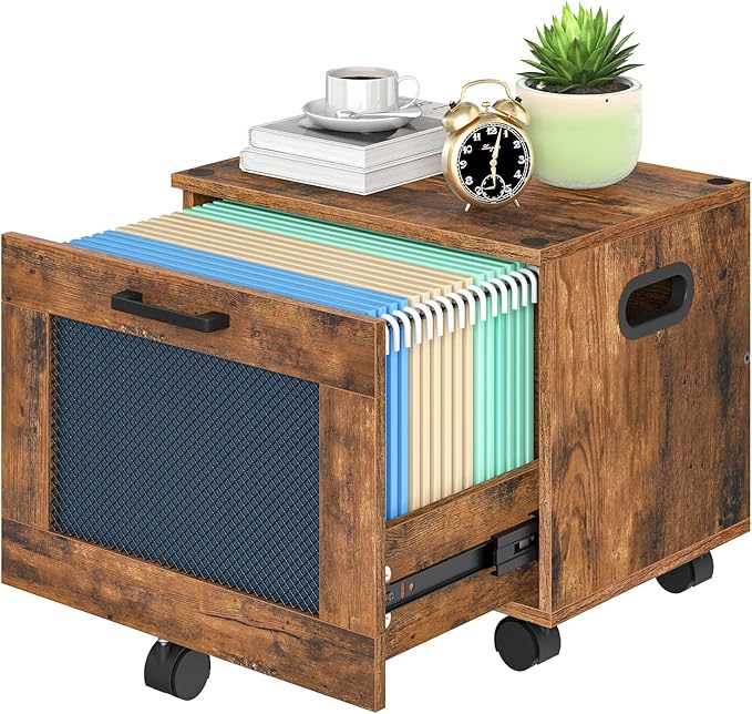 HOOBRO File Cabinet Rolling File Cart Under Desk Small Filing Cabinet File Organizer Box Home Office File Basket with Drawer for A4 Letter Files Rustic Brown and Black BF11WJ01G1