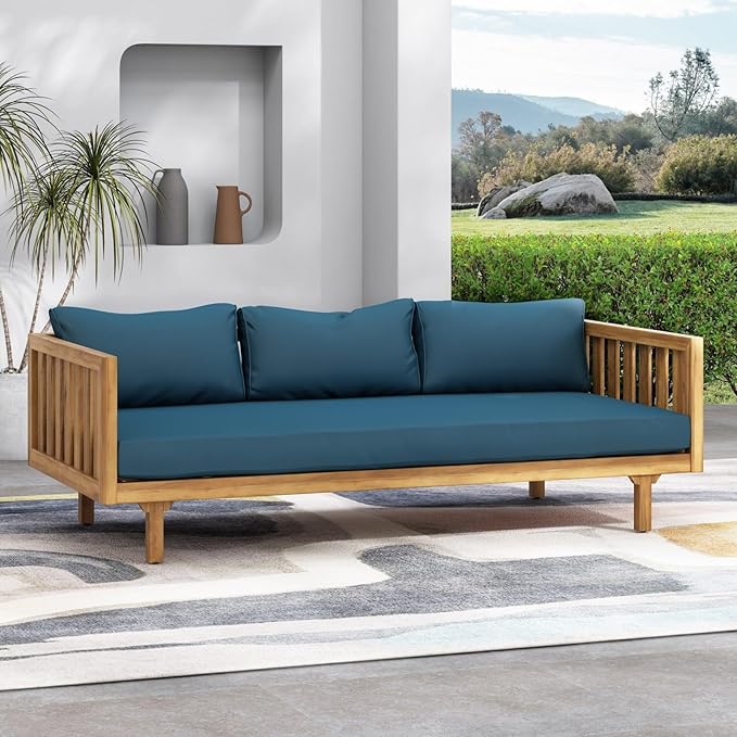 Merax Solid Acacia Wood Couch Chaise Lounge Chair Indoor 3 Seater Daybed Sofa Couches with Cushions &amp Pillow Heavy Frame Day Bed for Living Room Office Outdoor Balcony Patio Water Resistant