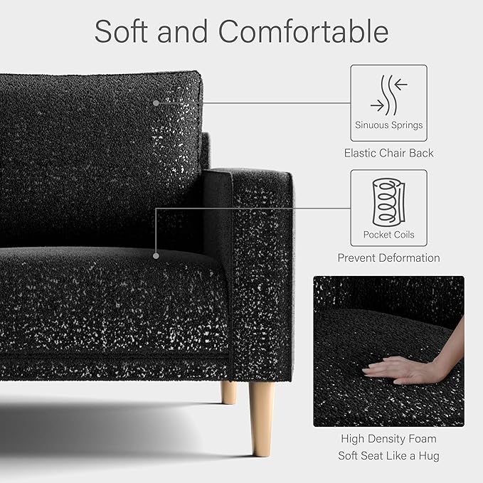 Furniture of America Oriana Contemporary Boucle Sofa Couch with Back Pillows and Wooden Legs Comfy Fabric Upholstered 3 Seater Couch for Living Room Bedroom Home Office Black