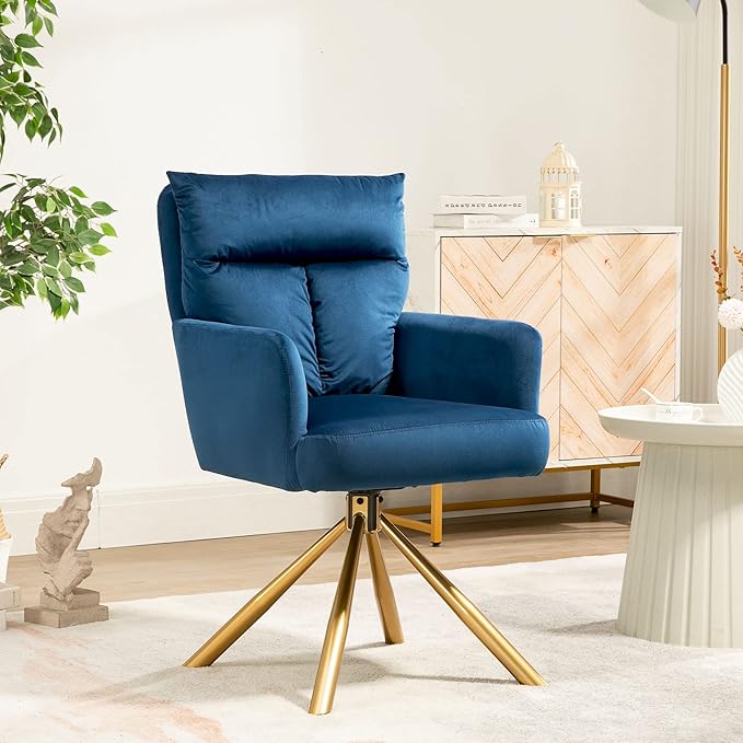 NORDICANA 180° Swivel Velvet Living Room Chair Modern Dining Armchair with Golden Legs Ergonomic Upholstered Accent Chair Single Sofa for Bedroom Reading Home Office Navy Blue