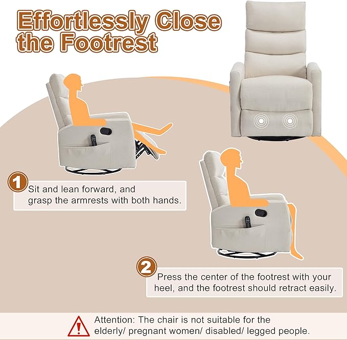 Manual Swivel Rocker Recliner Chair for Adults Overstuffed Glider Chair for Nursing with Vibration Massage &amp Heat Living Room Rocking Recliner 3-Stage backrest Chenille Fabric Beige