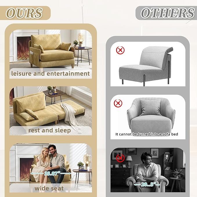 TTK 3-in-1 Foldable Sofa Bed Recliner Sleeper Mid-Century Modern Convertible Sofa Chair with 3 Pillows Space-Saving Design for Small Spaces Bedroom Study &amp Guest Room Yellow