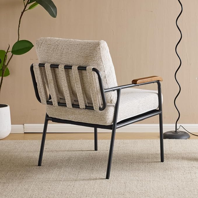 Karl home Accent Chair Modern Armchair with Metal Frame Linen Fabric Upholstory Living Room Chair Mid-Century Reading Chair with Wooden Arms for Living Room Bedroom Reading Room Apartment Beige