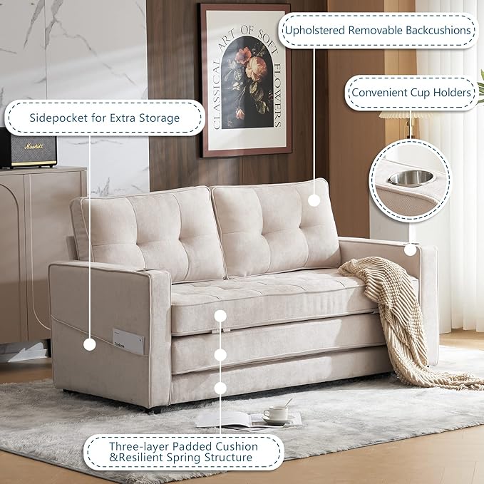 VINGLI Upgraded 64 W 84 L Full Size Futon Sofa Bed 6 Thick Upholstery Chenille Loveseat Sofa Sleeper Pull Out CouchConvertible Floor Couch for Living Room Bedroom Entertainment Room Beige