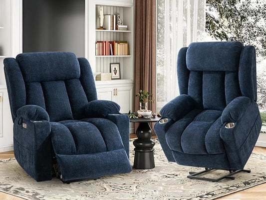 CDCASA Oversized Power Lift Recliner Chair with Massage and Heat for Elderly Overstuffed Wide Recliners Upgraded Chenille Lift Chairs w/Metal Cup Holders USB &amp Type-C Ports Set of 2 Blue