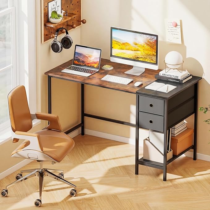 Giantex 48 Computer Desk with 2 Fabric Drawers Industrial Home Office Desk with Open Storage Shelf 2-Toned Finish &amp Metal Frame Gaming Study Writing Table for Small Space Bedroom Rustic Brow