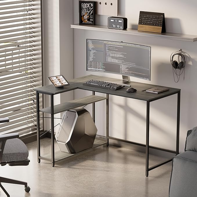 Pamray 43 Inch L Shaped Computer Desk with Reversible Side Storage Shelves Small Corner Desk for Small Space Home OfficeWriting Study Table PC Desk for BedroomEspresso Gray