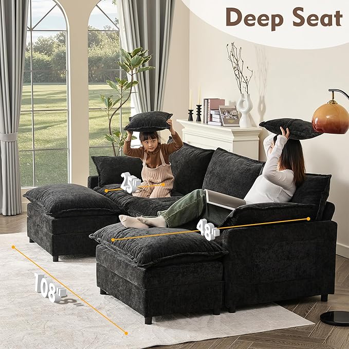 108 U Shaped Couch Modular Sectional Sofa 3-Seater Comfy Cloud Couch Set of Modular Pieces with Movable Ottoman Deep Seat Couches for Living Room Chenille Black