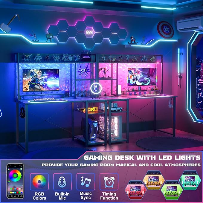 Cyclysio Gaming Desk with Hutch 39'' Computer Desk with LED Lights &amp Power Outlets Home Office Desk with Reversible 5 Tiers Storage Shelves &amp Monitor Stand Small Gaming Table for Small Spac