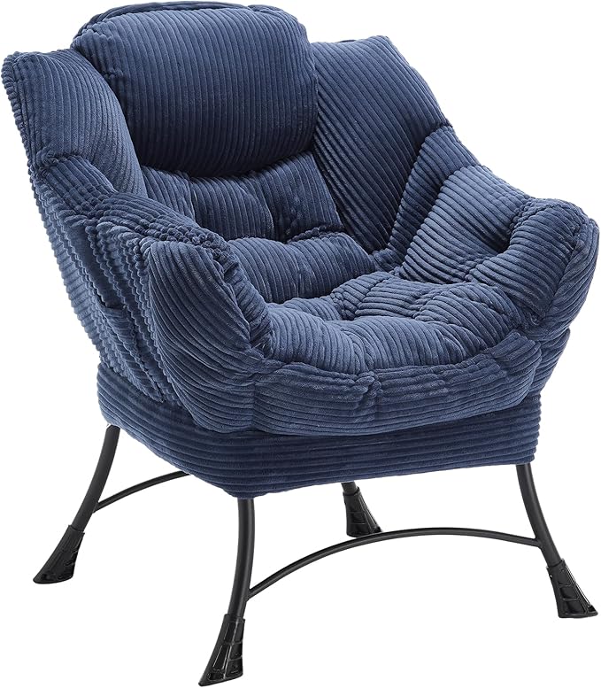Lazy Chair with Ottoman Set Modern Lounge Upholstered Accent Sofa Chair with Armrests and Side Pocket for Small Space Bedroom Living Room Dorm Rooms Garden Navy Blue