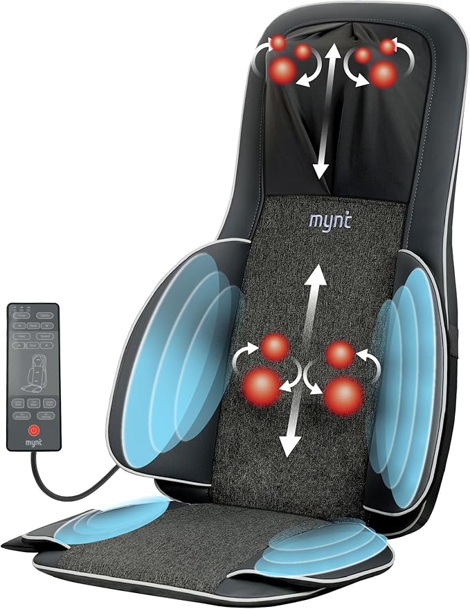 Mynt FSA Eligible HSA Approved Shiatsu Neck and Back Massager for Chair with 10 Deep Kneading Nodes 2D &amp 3D Back Massage with Heat Portable Spot Massage Chair Pad (Black)