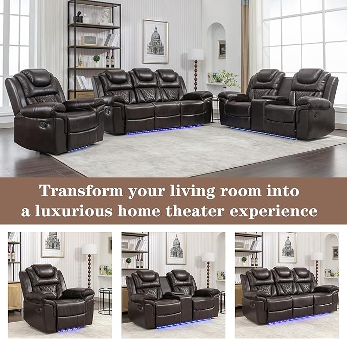 ERYE Manual Recliner Chair with LED Light Strip for Living Room Bedroom Manual Reclining Home Theater Seating Armchair Faux Leather Tufted