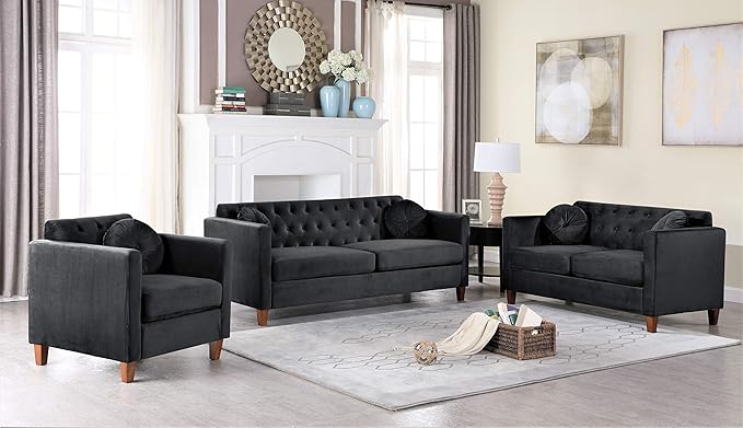 Persaud Living Room Chair with Classic Chesterfield Velvet Upholstery Ideal for Home Apartment and Office Chair Midnight