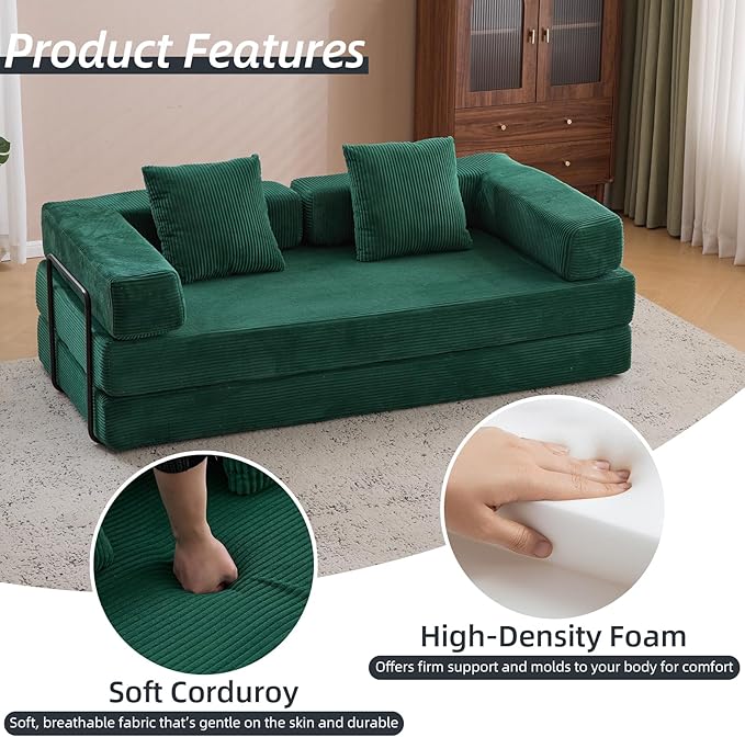 Folding Sofa Bed Convertible Sleeper Corduroy Floor Couch with Pillows Fold Out Couch King Size Bed Futon Couchs Foldable Memory Foam Mattress for Living Room Bedroom Playroom (Dark Green)