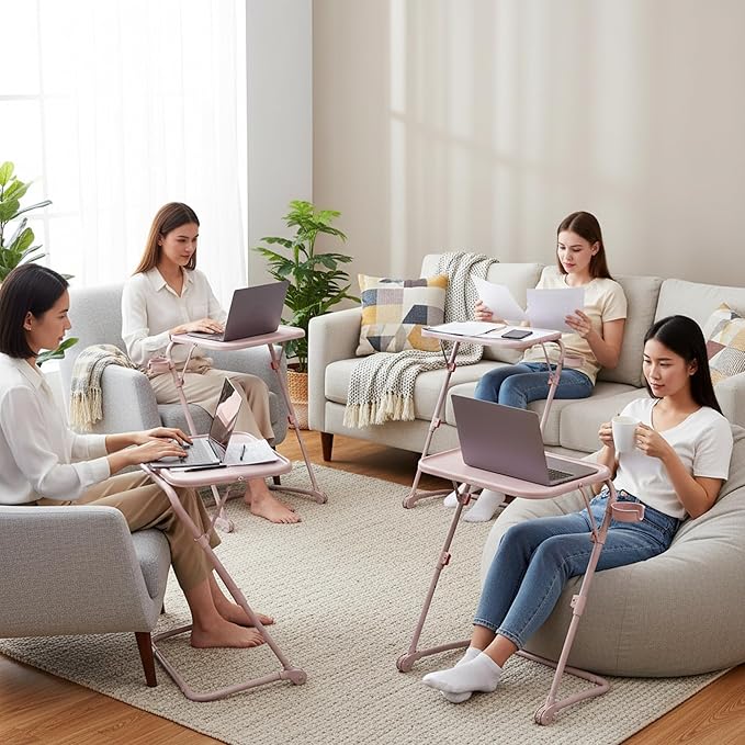 Homy Casa Adjustable Z Shaped Study Desk with Cup Holder Space Saving Portable Laptop Foldable Table for Home Office Living Room &amp Bedroom Sturdy Metal Frame &amp PP Top Black (4PCS-Pink)