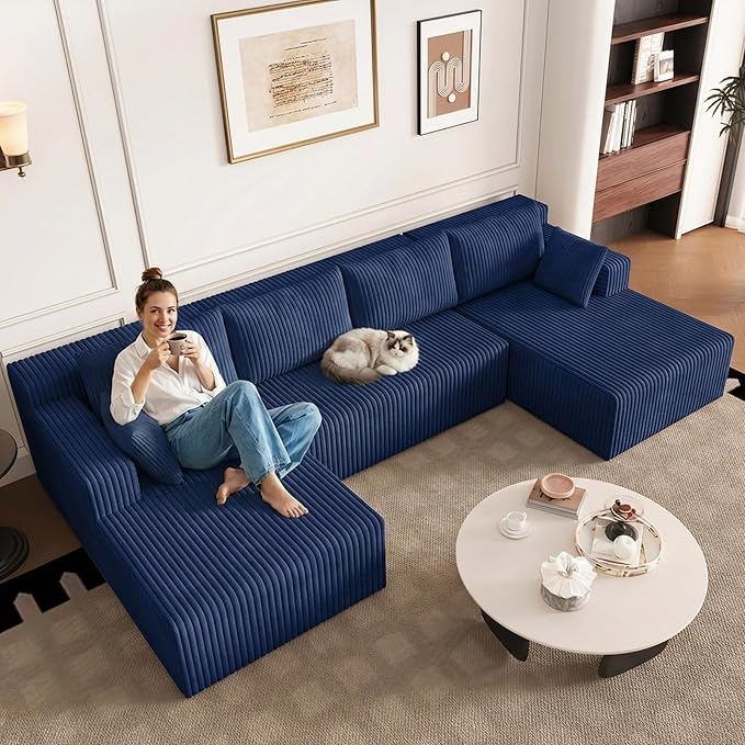 123 Cloud Modular Sectional Couch U-Shaped with Two Chaise Corduroy Boneless Couch for Living Room Bedroom Deep-Seat Upholstered Modular Cloud Sofa No Assembly Required Navy Blue