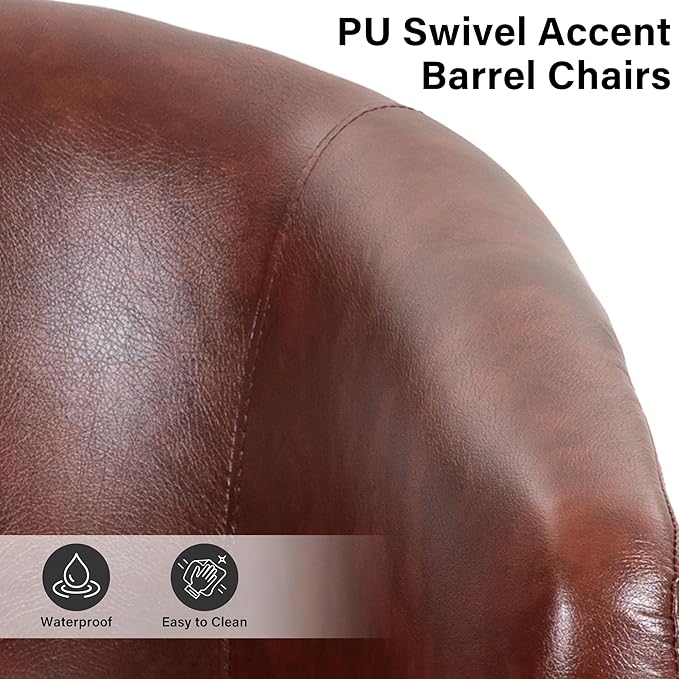 Lumibee Faux Leather Swivel Barrel Chairs Upholstered Comfy Round Swivel Accent Chair 360° Rotation Single Sofa Club Armchair for Living Room Reading Room Bedroom Red Brown