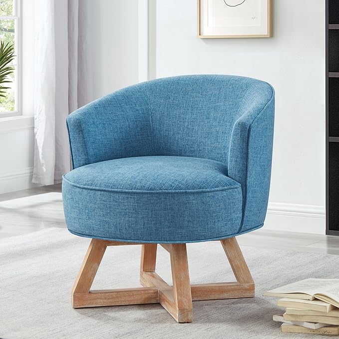 Ball &amp Cast Classic Swivel Chair with Cross-Shaped Wooden BaseLinen Upholstered Accent Chairs360 Degree Comfy Lounge Chair W/Solid Wood LegsSingle Sofa Seatingfor Living RoomOfficeLight Blue
