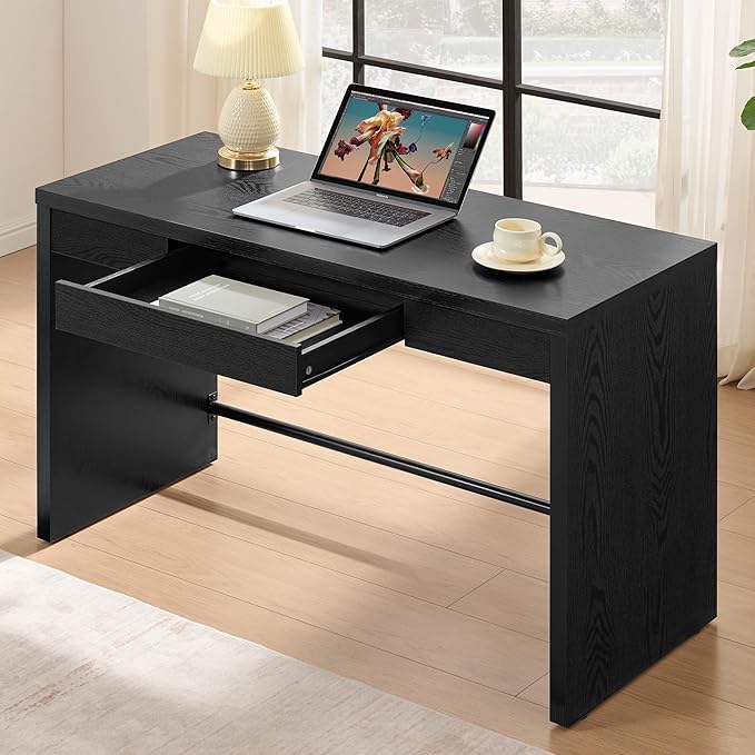 SICOTAS Computer Desk Writing Table - 47-Inch Wooden Study Desk for Bedroom Farmhouse Home Office Desk with Drawer Boho Makeup Vanity Table for Dormitory (Black Oak 1 Piece)