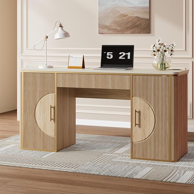 60 Fluted Computer Desk Wooden Long Home Office Writing Desk with Drawer &amp Storage Cabinet Modern Writing Table with Charging Station High Executive Desk for OfficeBedroom Nature Oak