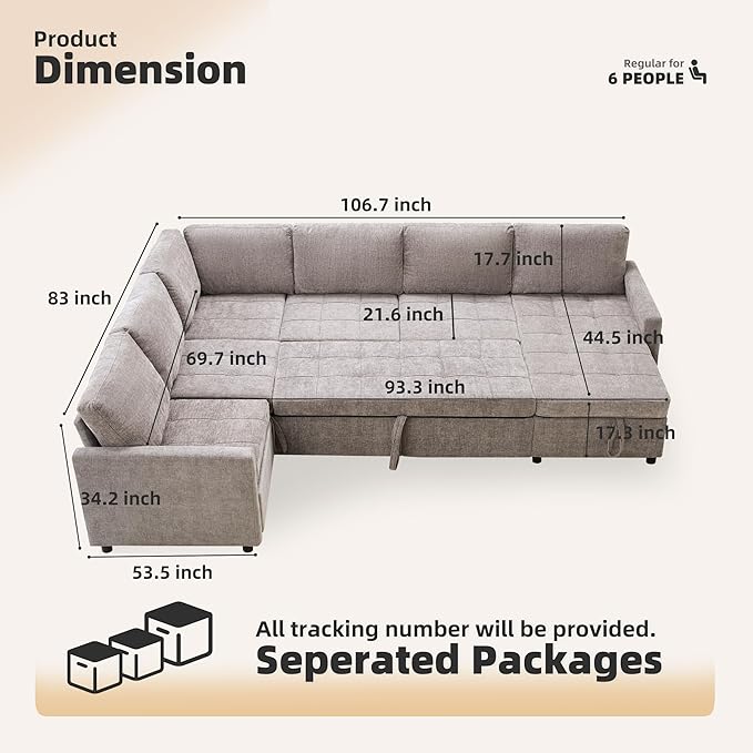 107 Modular Sectional Sleeper Sofa Set of Modular Pieces with Pull Out Bed U Shaped Sectional Couch with Storage Extra Wide&ampDeep Seat Couches for Living Room Removable Sofa Cover Chenille-Sl