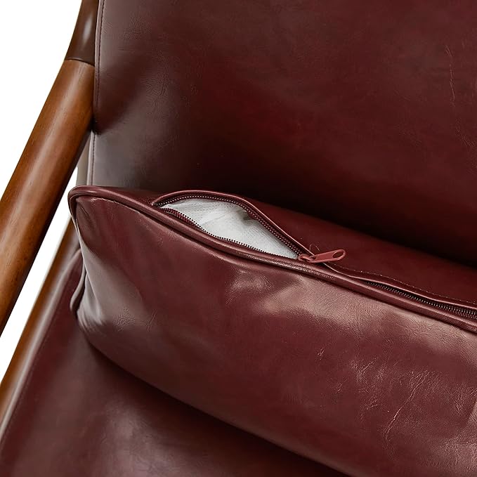 Glitzhome 30.75 H Mid Century Red Accent Armchair Single Reading Armchair PU Leather Lounge Chair with Walnut Ruberwood Frame