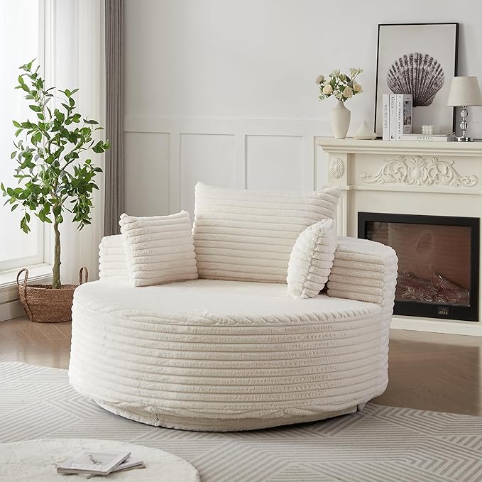 KEIKI 55 Oversized 360 Degree Swivel Chair Large Barrel Chairs Upholstered Round Swivel Chair Corduroy Single Sofa Armchair Sleeper Chair for Living Room Lounge Beige