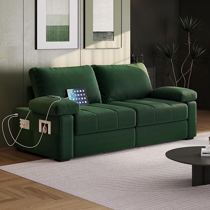 Yaheetech 79 Velvet Modern Sofa Couch with Storage Pockets and USB Ports 2 Seater Comfy Loveseat Sleeper with Removable Armrest Pillow &amp Cover for Living Room Apartment Bedroom Green