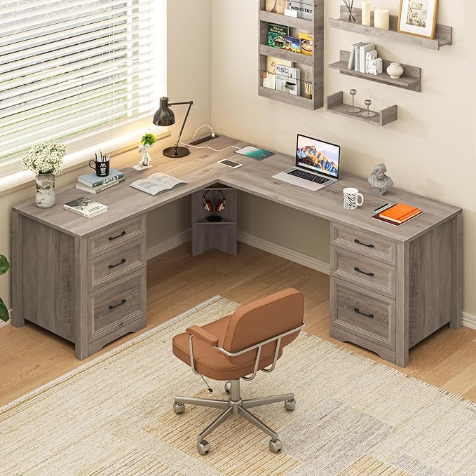 Farmhouse Home Office Desk with 6 Drawers L Shaped Executive Desk with Power Outlets and Triangle Under-Desk Storage Shelf &amp Drawer File Cabinet Corner Computer Desk Grey
