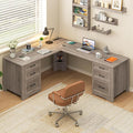 Farmhouse Home Office Desk with 6 Drawers L Shaped Executive Desk with Power Outlets and Triangle Under-Desk Storage Shelf &amp Drawer File Cabinet Corner Computer Desk Grey