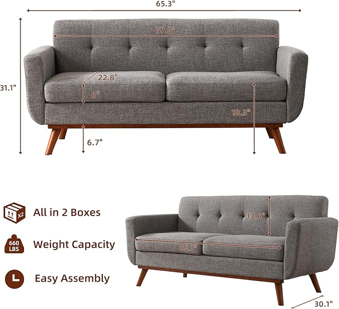 Kingfun Loveseat and Sofa Sets Mid Century Modern Linen Love Seat Couches for Living Room Button Tufted Upholstered Furniture Easy to Install Small Couch for Bedroom Office Apartment Grey