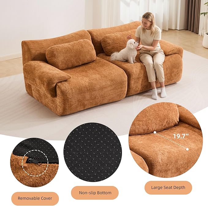 79.6 Boneless Couches for Living Room Set Cloud Modular Sectional Sofa in a Box Memory Foam Modern Couch Big Comfy Compressed Sofas Loveseat for Small Spaces Bedroom Apartment Brown