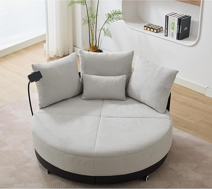 52.75'' Oversized Swivel Cuddle Chair 360° Swivel Round Sofa with Adjustable Phone Holder and 4 Pillows Gray Upholstered Round Loveseat with Rotating Pulley for Living Room Bedroom (Gray)