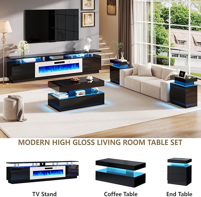 AMERLIFE 90 2 Tier Fireplace TV Stand with 50 Fireplace Modern Large Entertainment Center LED Lights Media Console Table Storage Cabinet for TVs Up to 100 Living Room Black &amp White