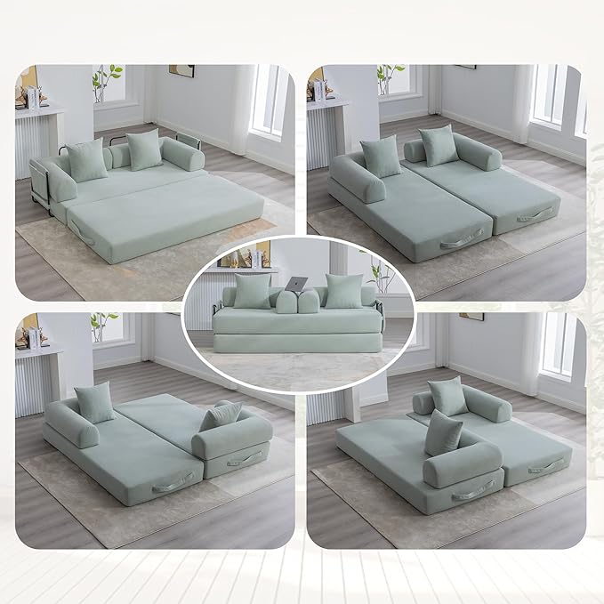 Convertible Sleeper Sofa Bed 78.5 Folding Floor Sofa Mattress Couch with Pillows Corduroy Futon Boneless Couch Lounge Loveseat with Pull Out Bed Mint Blue